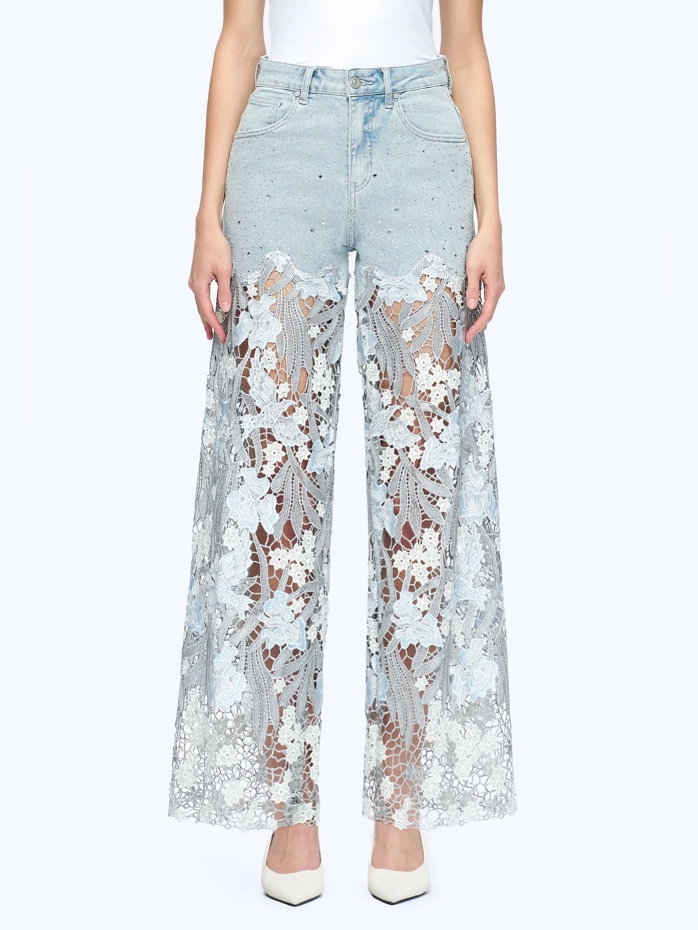 Bayeas lace and sparkle jeans. Light blue